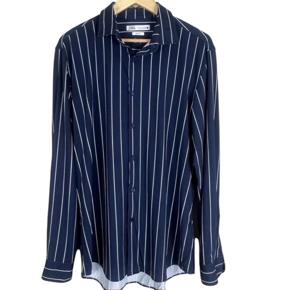 Zara Button Down Shirt Mens L Navy Blue Striped Slim Fit Preppy Business Casual - Picture 1 of 3